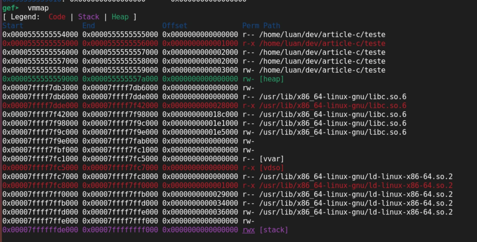 Mapeamento de memória no GDB evidenciando Stack e Heap