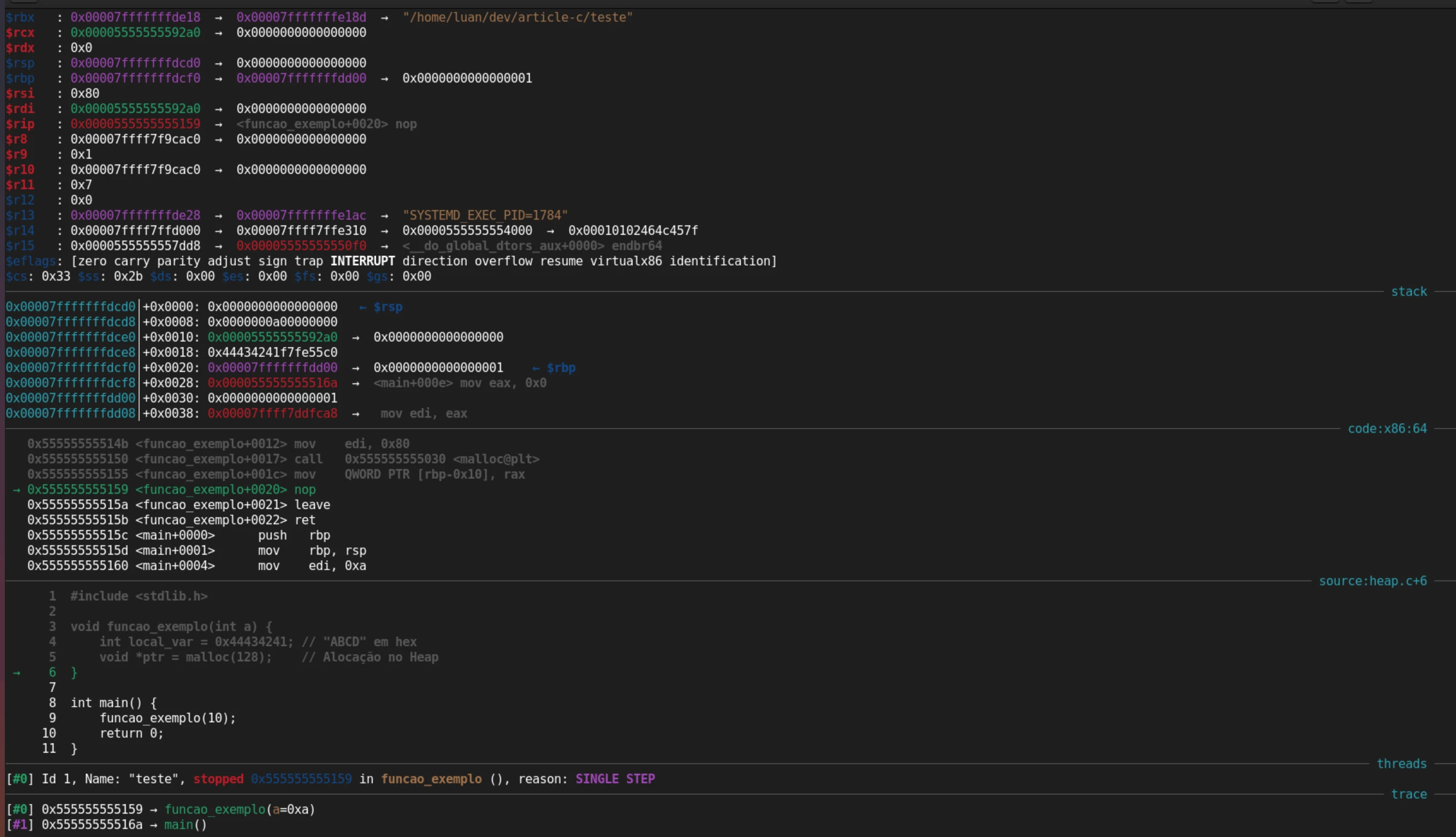 Variável ABCD no topo da Stack visualizada no GDB