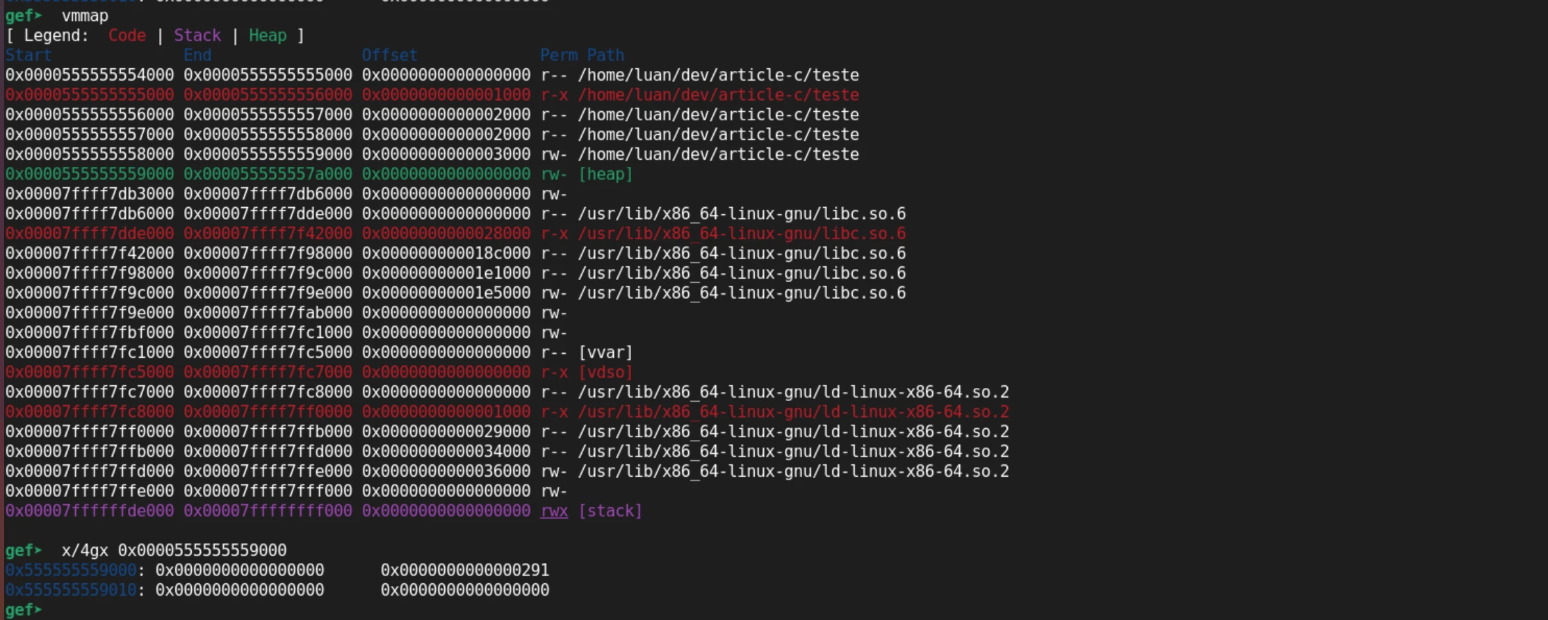 Cabeçalho de chunk heap examinado com x/4gx no GDB